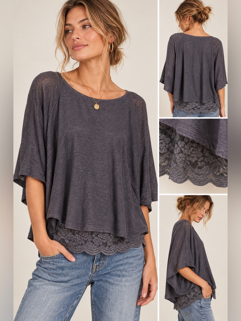 Anthropologie Akemi + KIN Linen Slub Knit Batwing Lace Layered Top – XS 498